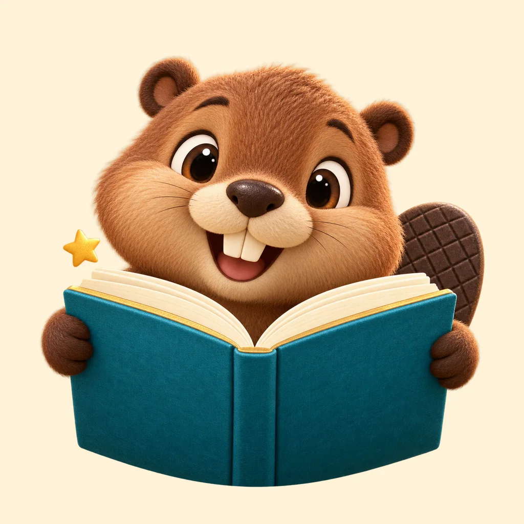 Story Beaver holding an open teal storybook